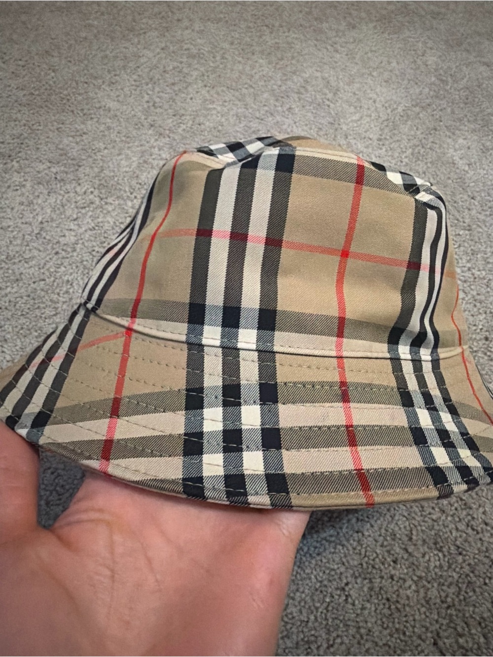 Burberry Beige Plaid Kids Bucket Hat with Red & Black Check